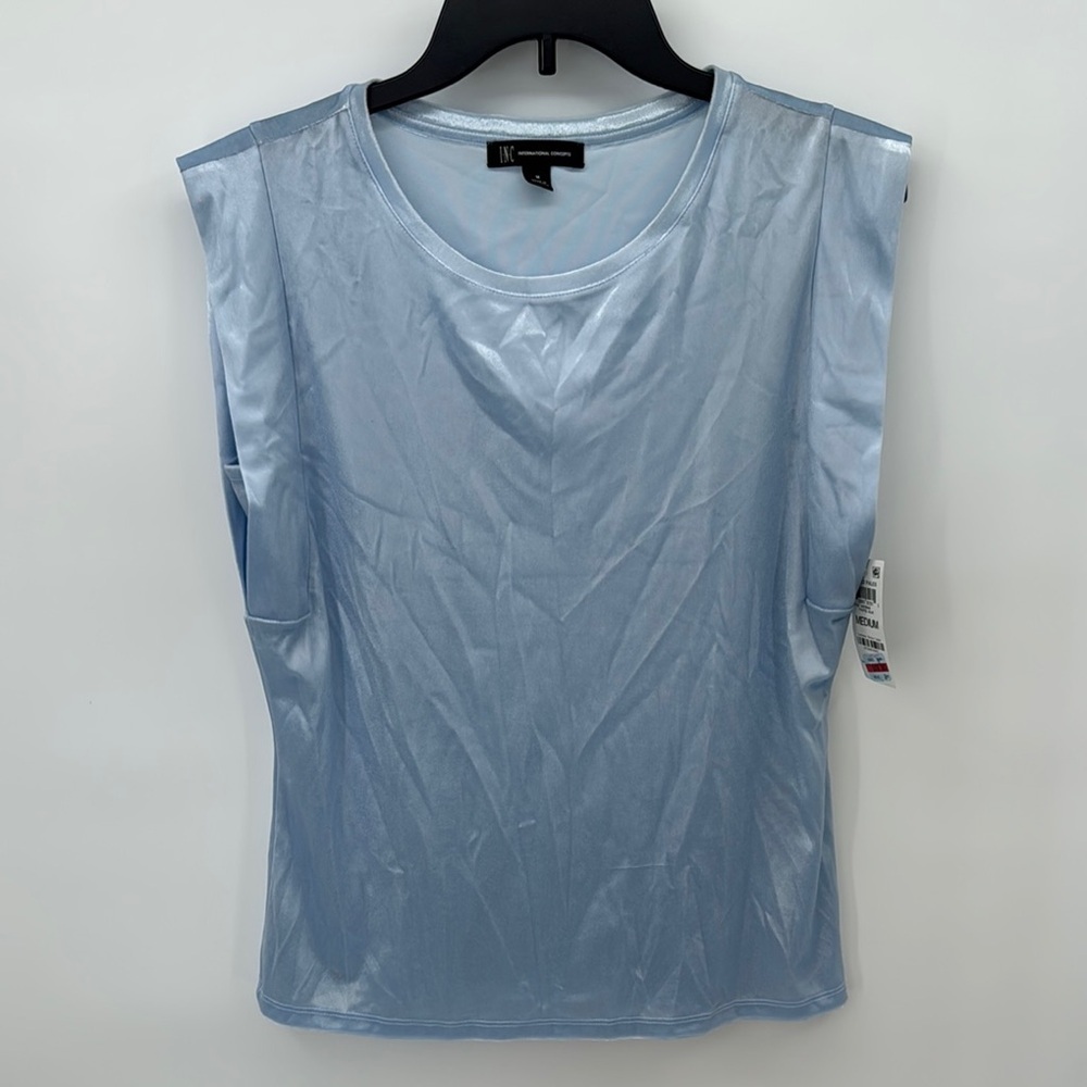 INC International Concepts Women’s Sleeveless Top M Blue Shiny Stretchy Blouse